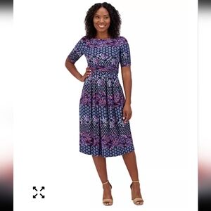 $139 Jessica Howard Dress Sz 8 Elbow-Sleeve Gathered-Waist Stretchy New